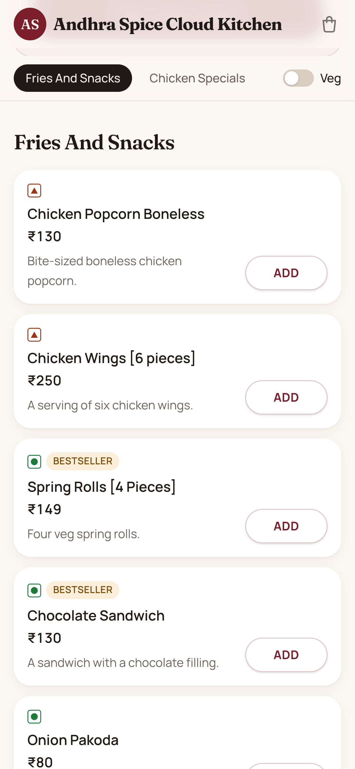 Andhra Spice Cloud Kitchen menu with prices, veg markers, a Bestseller tag and Add buttons