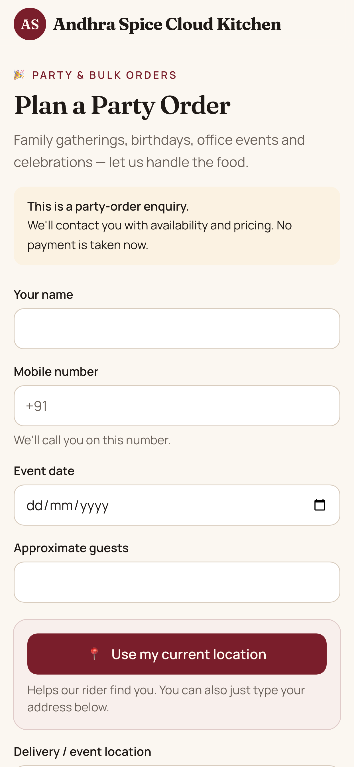 Andhra Spice Cloud Kitchen party-order enquiry form
