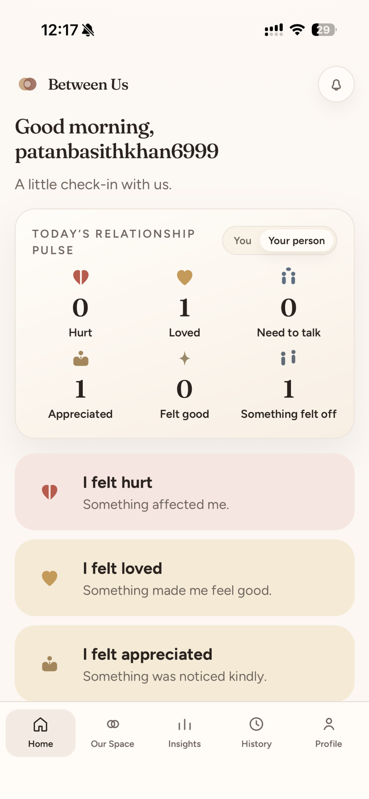 Between Us Home screen with Today's Relationship Pulse