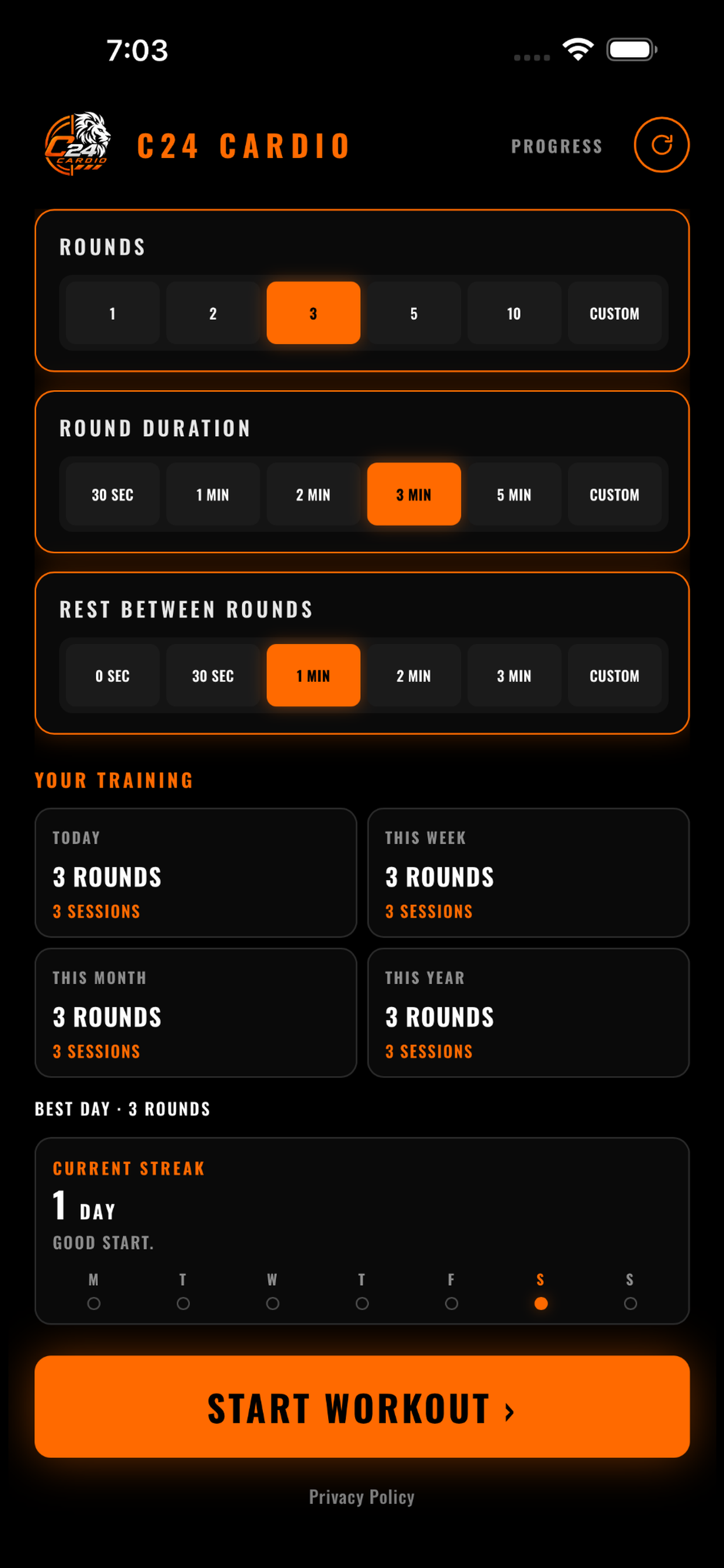 C24 Cardio setup screen for rounds, round duration, and rest